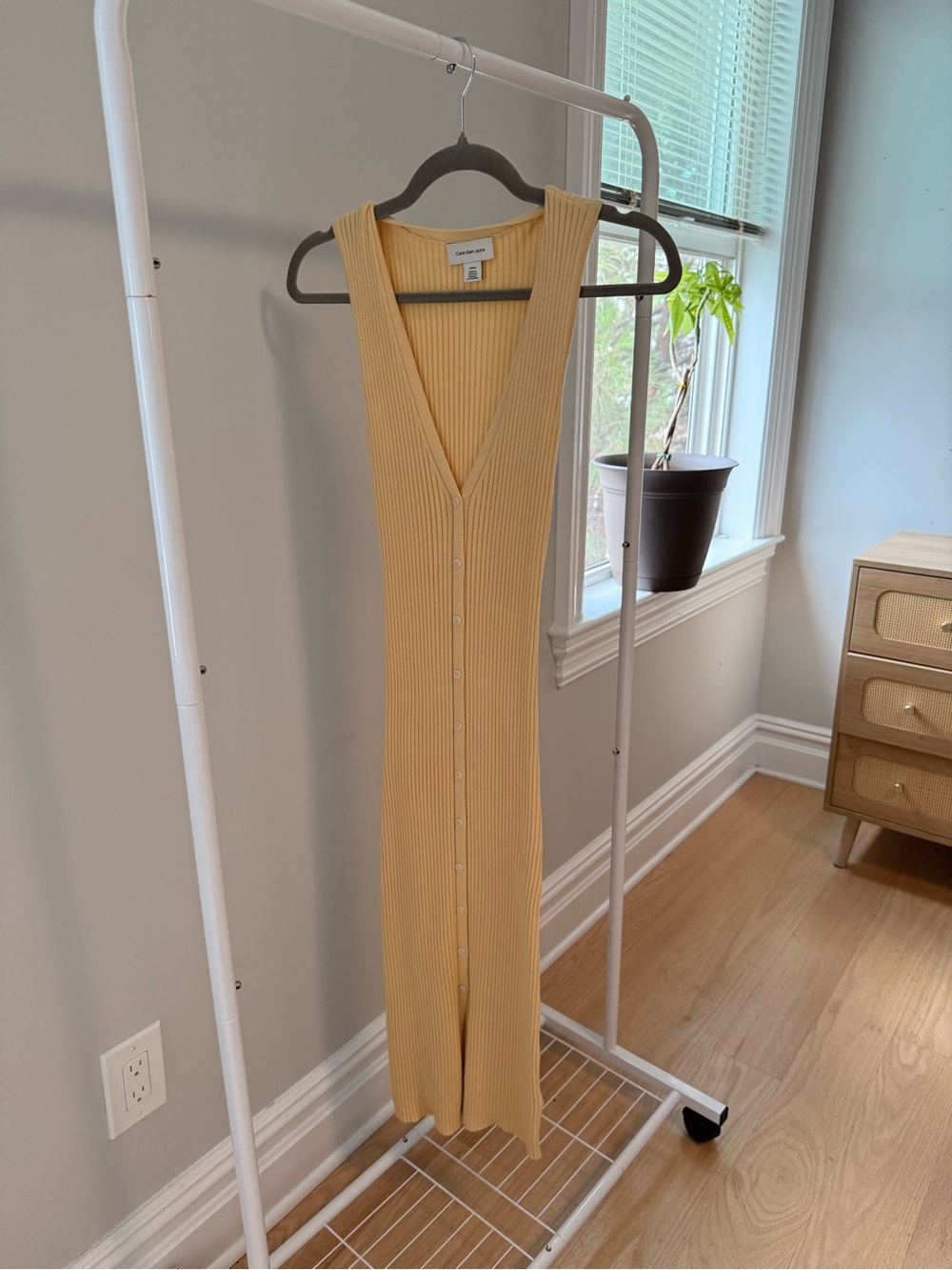 Calvin Klein Yellow Ribbed Button-Front Midi Dress